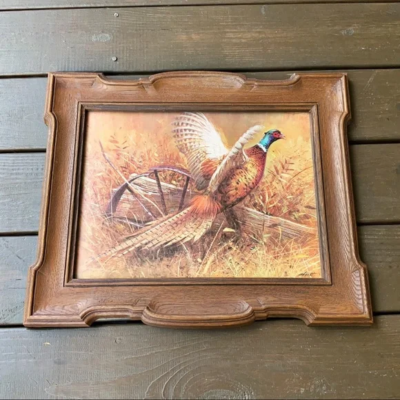 Vintage 1981 Homco Hunting Pheasant Print Faux Wood Frame Rustic Farmhouse - Picture 2 of 6